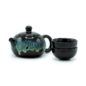 Herbal Black Glaze Teapot Set - Pot & Two Cups