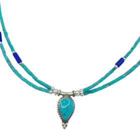 Nepalese Extra Fine Two Line Necklace - Lapis & Malachite Pendant