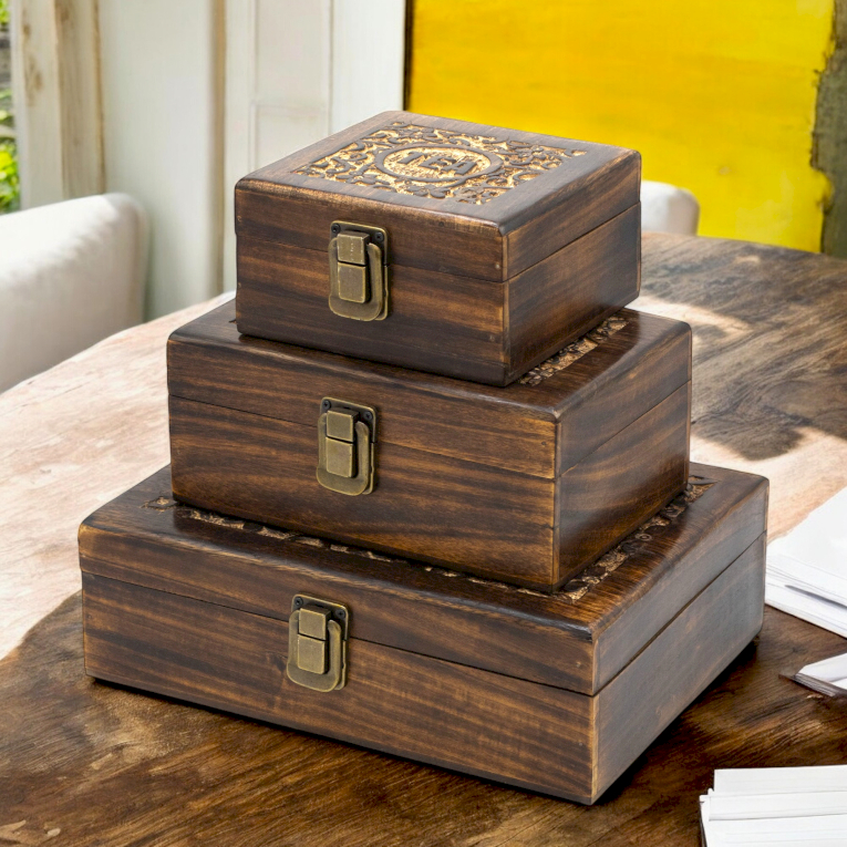 Hand-Carved Mango Wood Tea Boxes