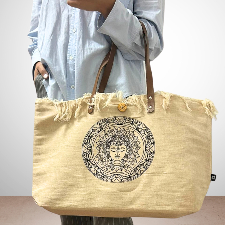 Natural Tote Bags with Leather Handle